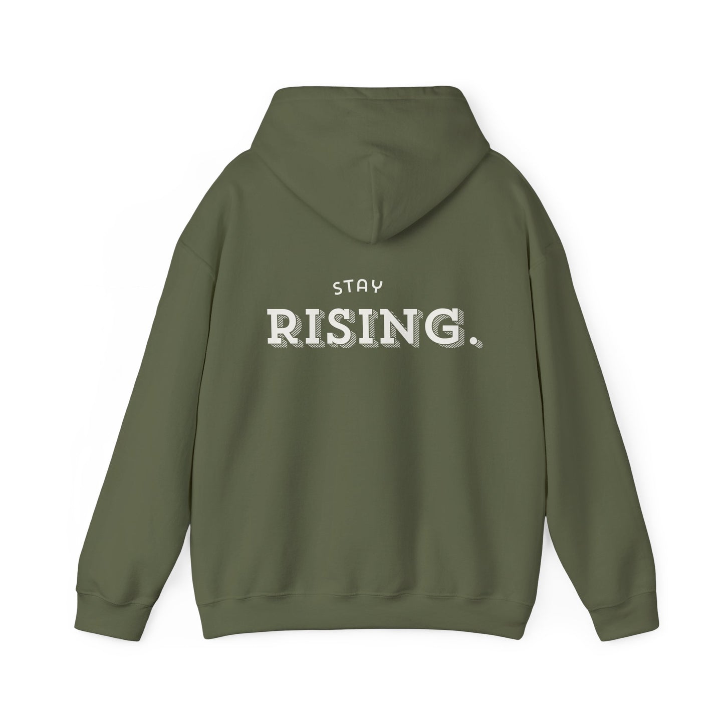 Stay Rising Hoodie — Inspirational Black Pullover with "Stay Rising" Text