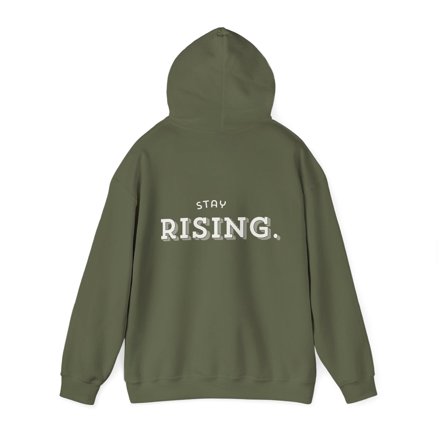 Stay Rising Hoodie — Inspirational Black Pullover with "Stay Rising" Text