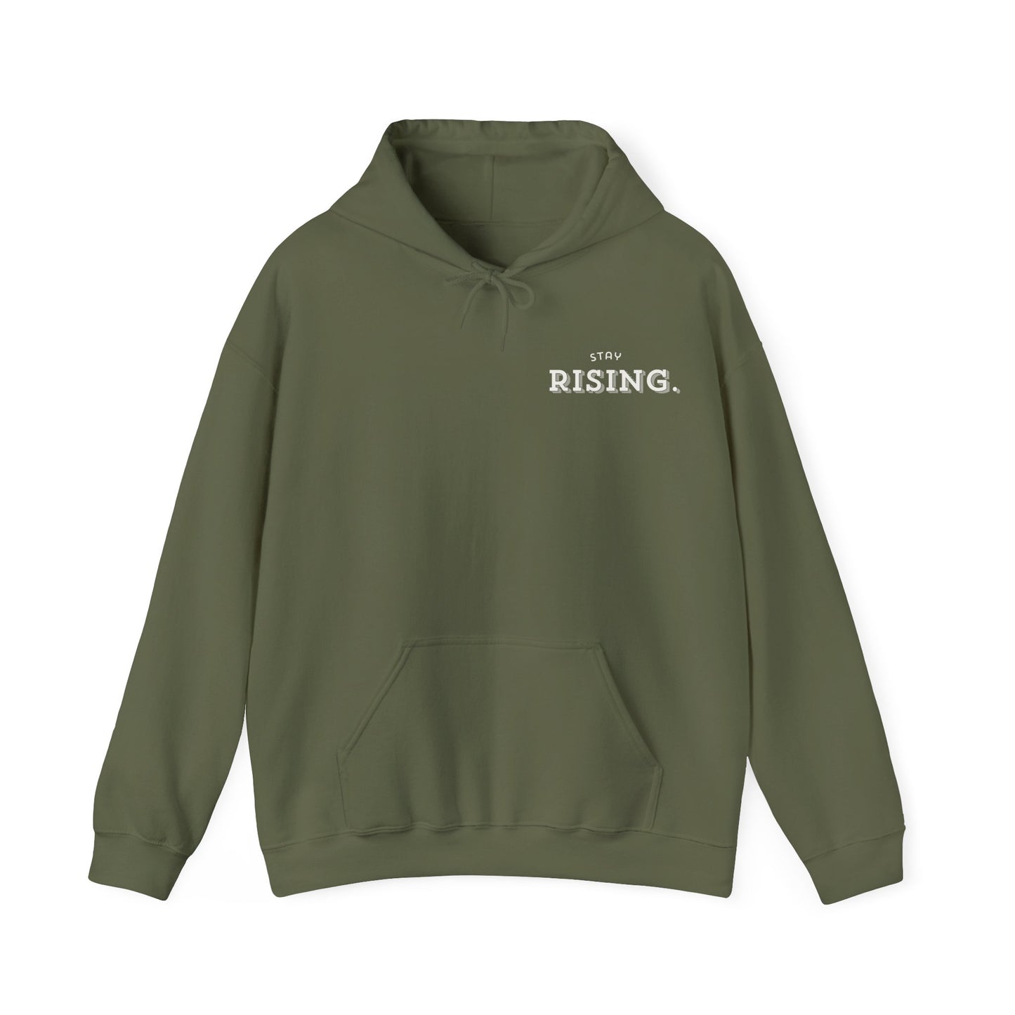 Stay Rising Hoodie — Inspirational Black Pullover with "Stay Rising" Text